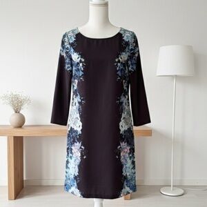 H&M| Black & Blue Floral Watercolour Long‎ Sleeve Mini Shift Dress Sz 2